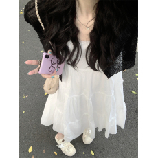 批发实拍实价#立体絮状线条设计奶白色吊带连衣裙长裙女+针织<b class='q'>开衫</b>外套