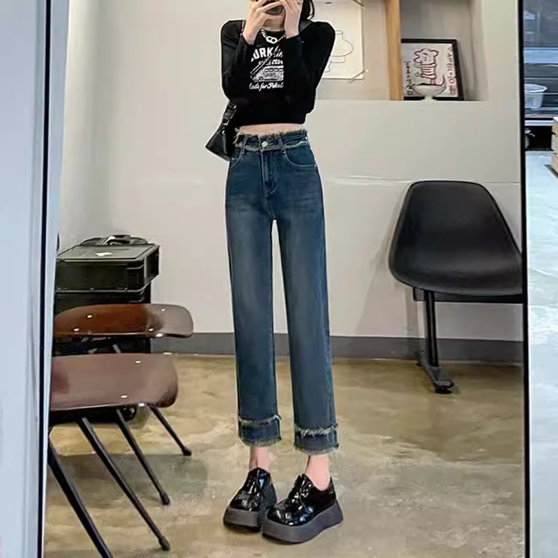 大碼女裝毛邊直筒牛仔褲胖mm顯瘦梨形身材微胖穿搭高腰彈力煙管褲