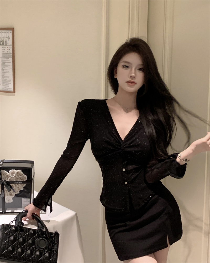 純欲風新款早春打底衫性感長袖v領顯瘦百搭上衣女