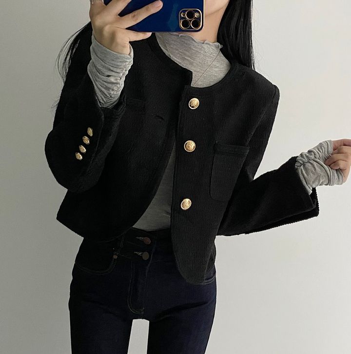 있음 선적 chic 짧은 여성 코트 레트로 금속 싱글 줄 버튼 긴팔 맨위 재킷