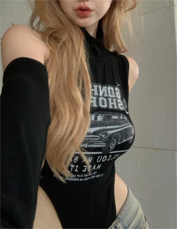 美式復古高級感高領顯瘦黑色連體短氣質百搭背心上衣女