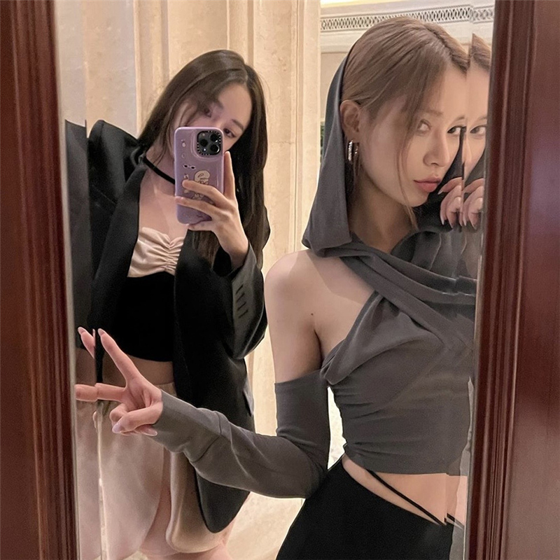 美式復古辣妹廢土風灰色交叉露肩顯瘦百搭連帽T恤上衣女