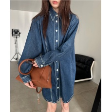 批发复古高级感明线设计翻领<b class='q'>牛仔</b>连衣裙