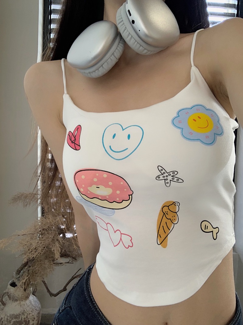 帶胸墊 韓系純欲風印花帶胸墊吊帶背心女夏季短款顯瘦上衣