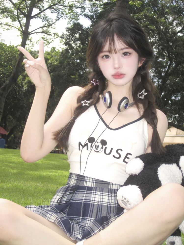 美式學院風字母卡通印花白色背心式吊帶女外穿顯瘦高級感上衣