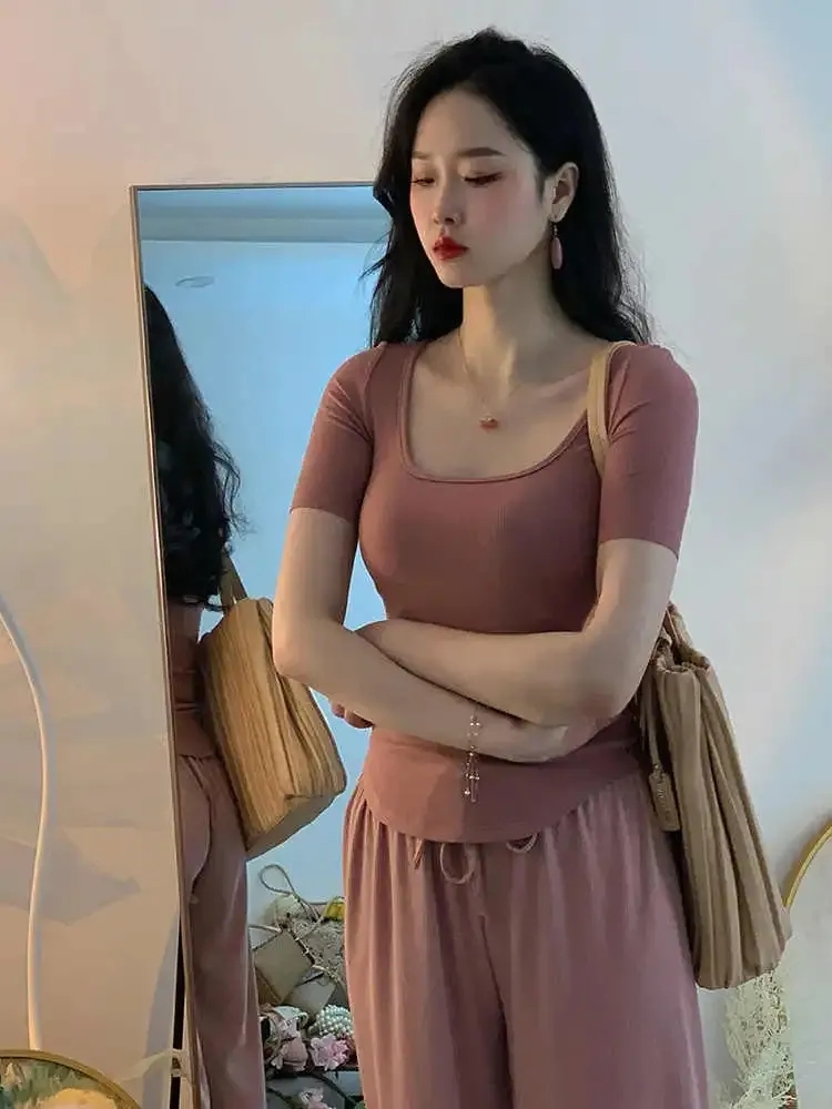 人棉260克 韓系簡約風正肩短袖T恤女顯瘦U領上衣女