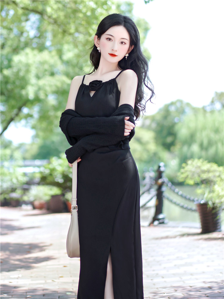 실사 검정색 슬립 여성 드레스 디자인 센스 작은 대중 프랑스식 슬림해 보이는 롱 스커트 오픈 가디건 투피스 세트