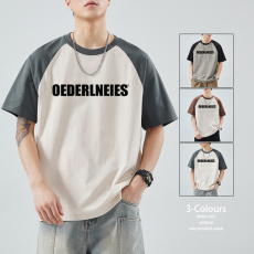 批发2024夏季新款插肩撞色拼接插肩宽松短袖圆领上衣青少年印花T恤男