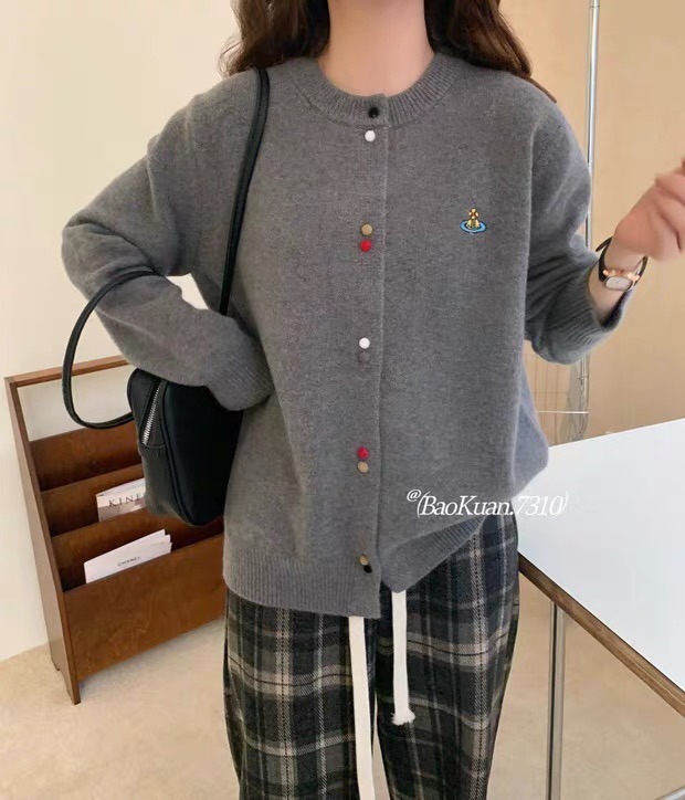 刺繡針織開衫女2024早春新款單排扣圓領長袖毛衣外套軟糯韓版上衣