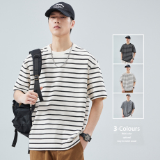 批发2024夏季新款冰感条纹宽松短袖圆领上衣青少年半袖圆领港风T恤男