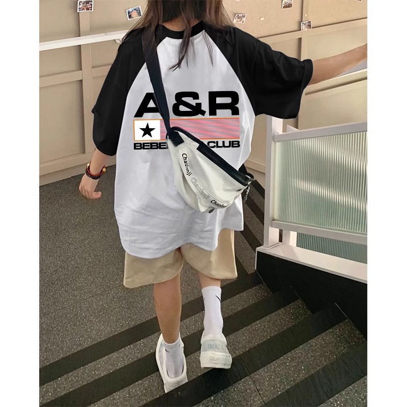 21支精梳純棉後包200克直播品質前後印花寬鬆拼色短袖t恤女