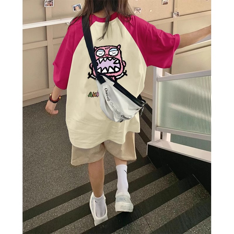 21支精梳純棉後包200克直播品質前後印花寬鬆拼色短袖t恤女
