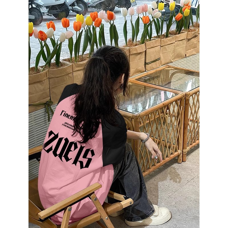 21支精梳純棉後包200克直播品質前後印花寬鬆拼色短袖t恤女