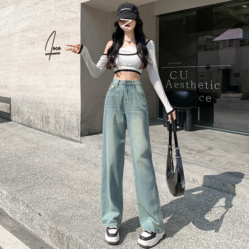 實拍~窄版直筒牛仔褲女春季2024新款高腰垂感寬鬆顯瘦加長闊腿褲