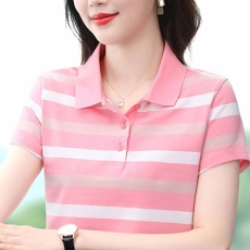 批发短袖t恤女士条纹有翻领纯棉中年妈妈2023新款夏装上衣冰丝polo衫
