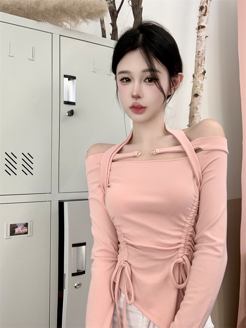 辣妹一字肩掛脖長袖T恤女秋季緊身不規則抽繩修身顯瘦上衣打底衫