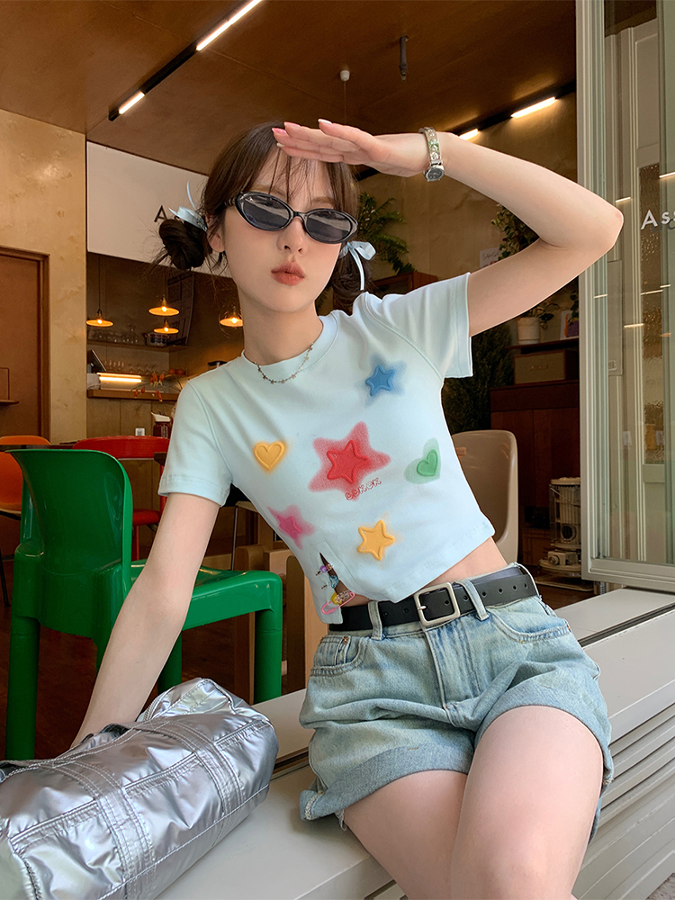 2024年夏季日系可愛甜美彩色星星印花學生短款短袖T恤女潮