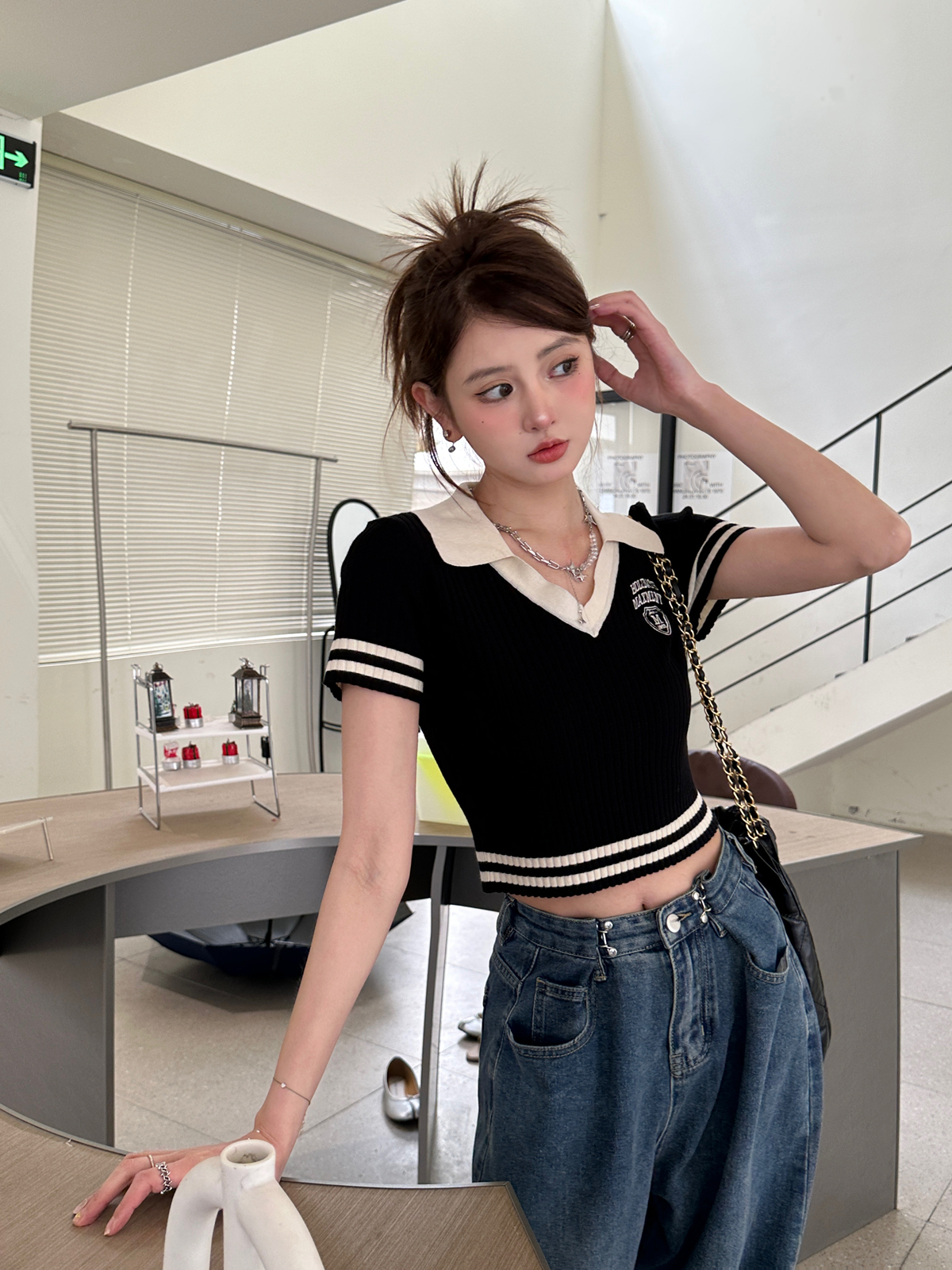 美式辣妹v領短袖正肩女t恤夏季露臍修身短款polo領針織衫高腰上衣