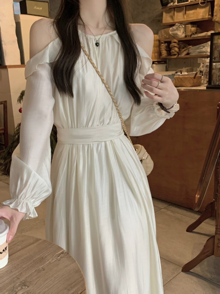 Real shot!  Gentle wind off-shoulder imitation Tencel drape dress women's long-sleeved temperament waist slimming skirt