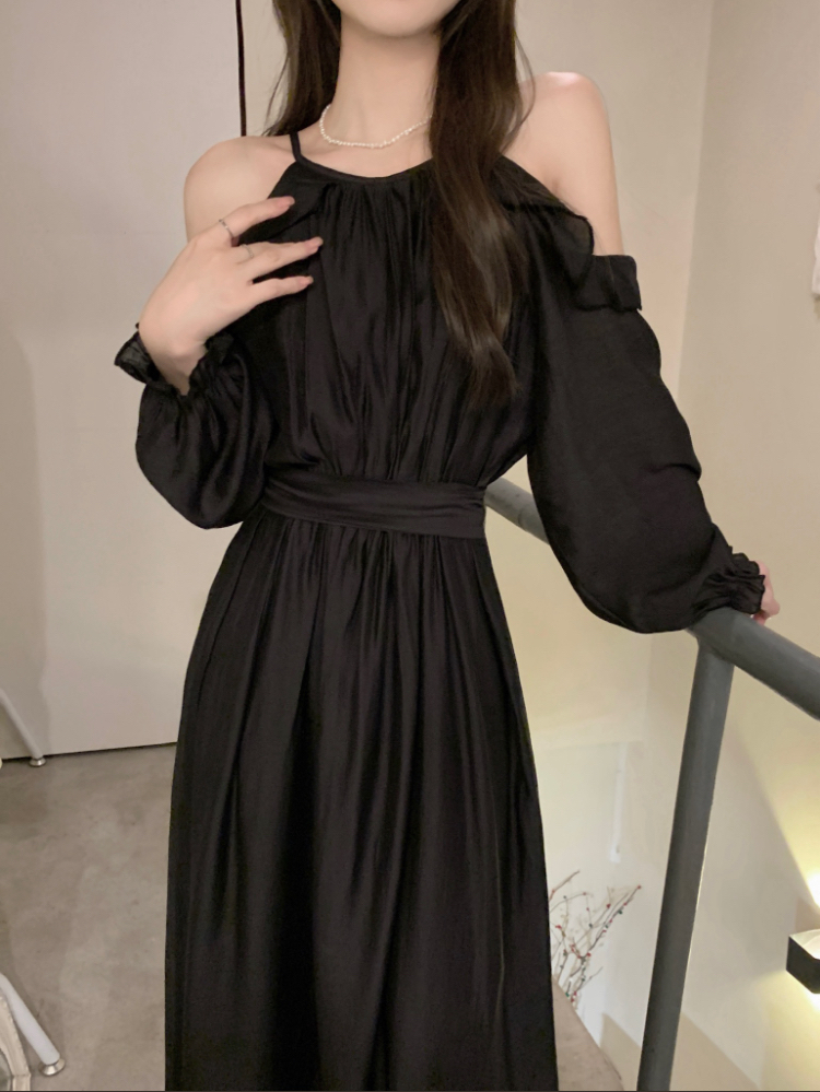 Real shot!  Gentle wind off-shoulder imitation Tencel drape dress women's long-sleeved temperament waist slimming skirt