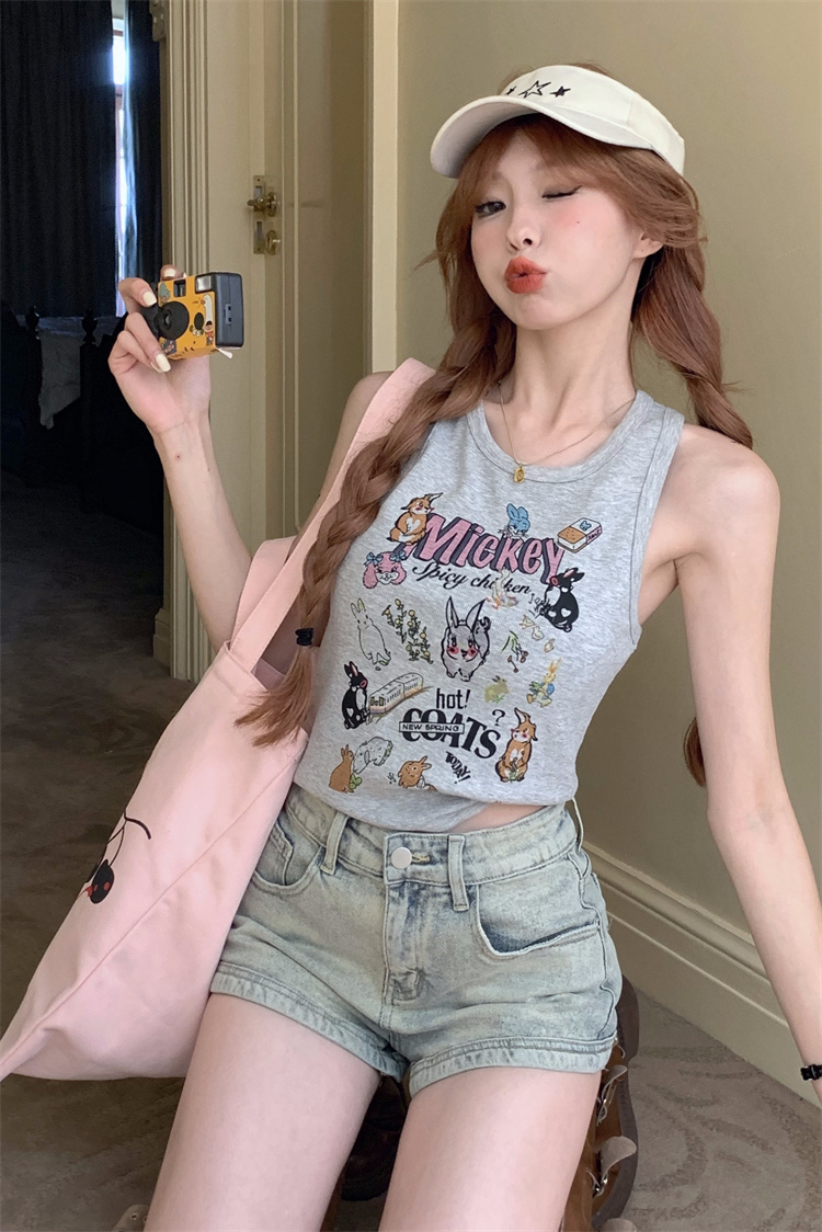 酷乖拽妹簡約百搭潮流上衣夏季假日海灘卡通印花減齡夏季背心女