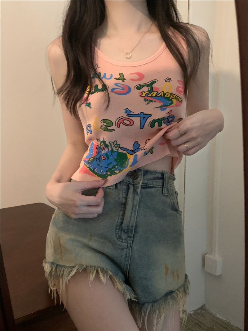 多巴胺穿搭純欲甜辣妹塗鴉印花吊帶背心女夏外穿性感抹胸短款上衣