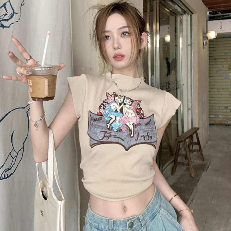辣妹韓版短袖T恤女卡通刺繡系帶設計感修身顯瘦短款露臍上衣ins夏