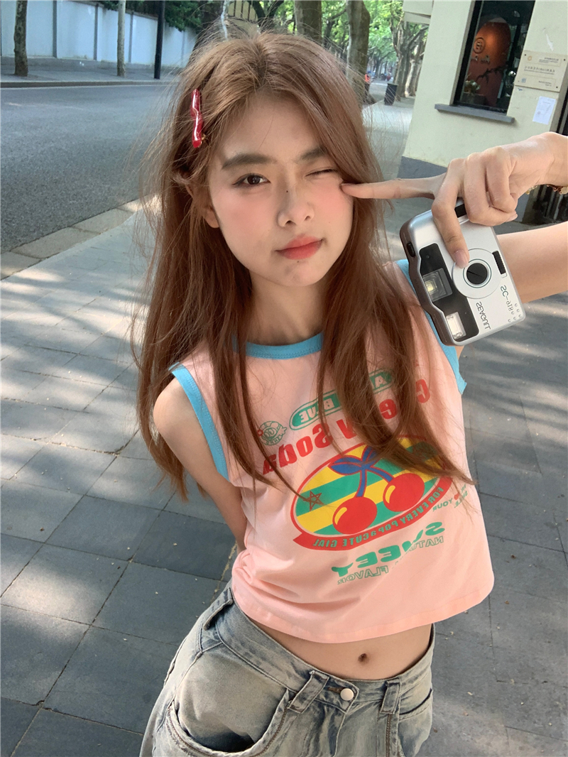 無袖上衣女多巴胺夏季設計感字母印花短款甜辣小背心潮流減齡百搭