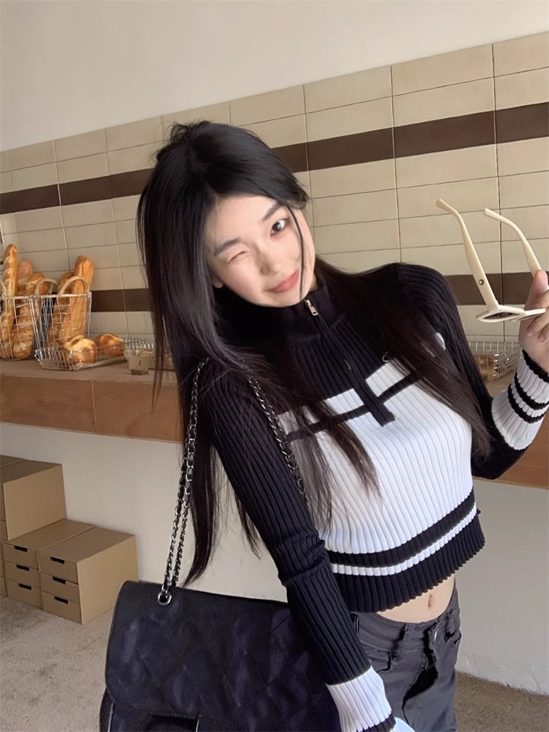 美式辣妹半高領毛衣女2024年修身顯瘦拉鏈長袖上衣針織打底衫春秋