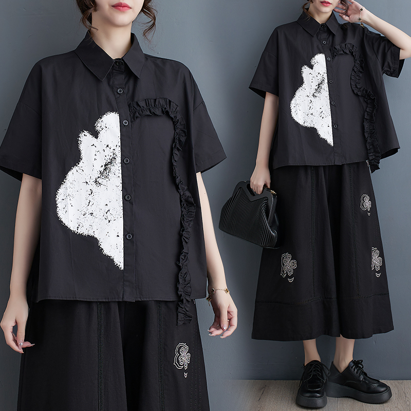 실사 봄 여름 새로운 루즈핏 빅 사이즈 패치워크 캐주얼 미니멀리즘 출퇴근 달콤함 반팔 셔츠 셔츠