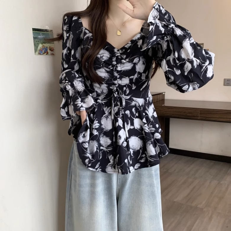 Original workmanship, large size, spring design, V-neck floral drawstring shirt for fat women, waist slimming and chic top