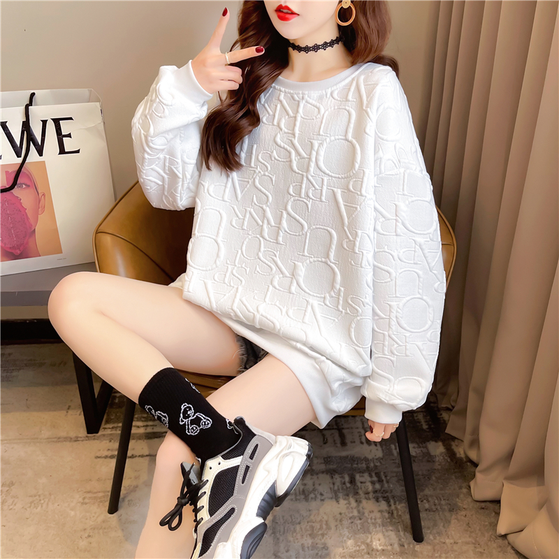 Real shot 2024 spring Korean style round neck solid color waffle loose mid-length plus size women's thin sweatshirt for women