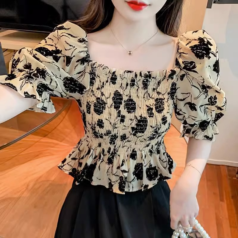 Original workmanship French square collar floral chiffon shirt retro one-shoulder slim shirt short-sleeved top internet celebrity