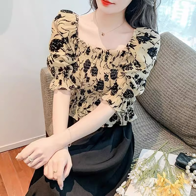 Original workmanship French square collar floral chiffon shirt retro one-shoulder slim shirt short-sleeved top internet celebrity