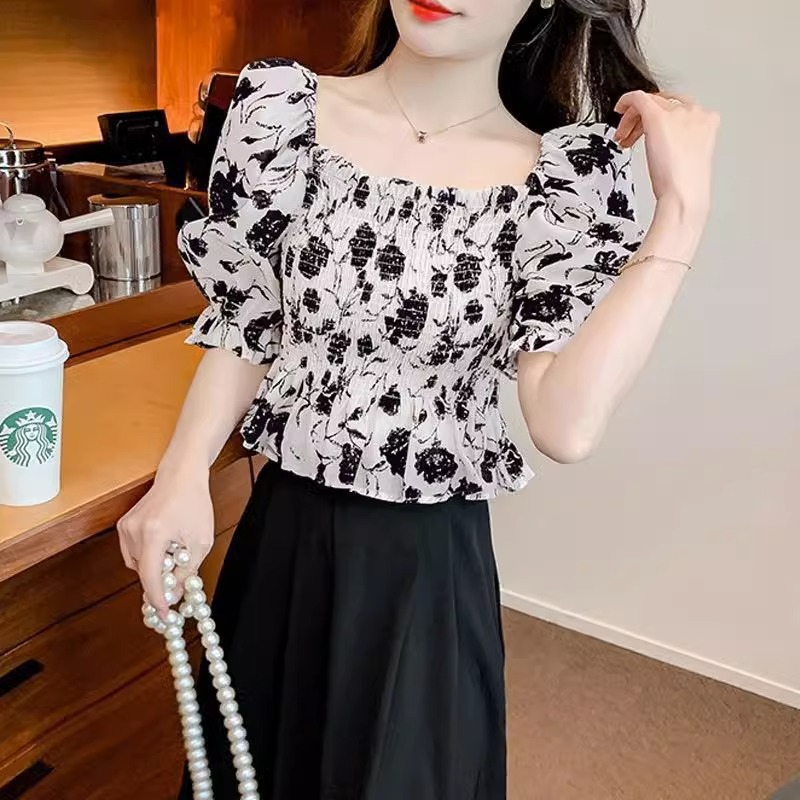 Original workmanship French square collar floral chiffon shirt retro one-shoulder slim shirt short-sleeved top internet celebrity