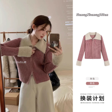 批发实价有货水<b class='q'>貂绒</b>短款内搭毛衣开衫女春季季显瘦双拉链袖口拼接<b class='q'>外套</b>