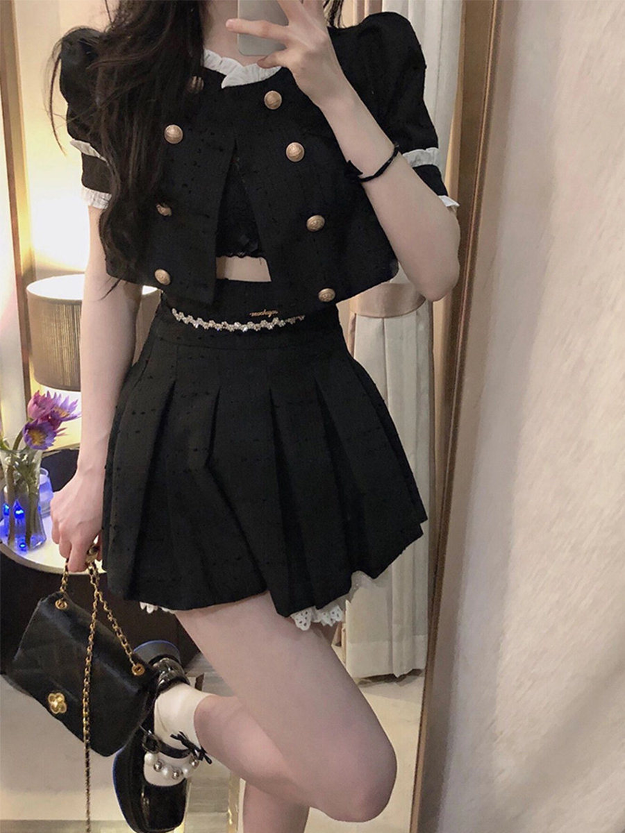 College style black small fragrant suit for women summer short high-end small dress sweet and spicy suit pleated skirt two-piece set