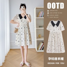 批发实拍孕妇连衣裙女潮妈翻领<b class='q'>短袖</b>碎花遮肚减龄洋气宽松显瘦哺乳衣