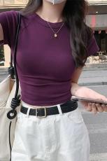 实拍实紫色纯棉短袖t恤女夏季修身显瘦圆领高级感正肩体恤上衣