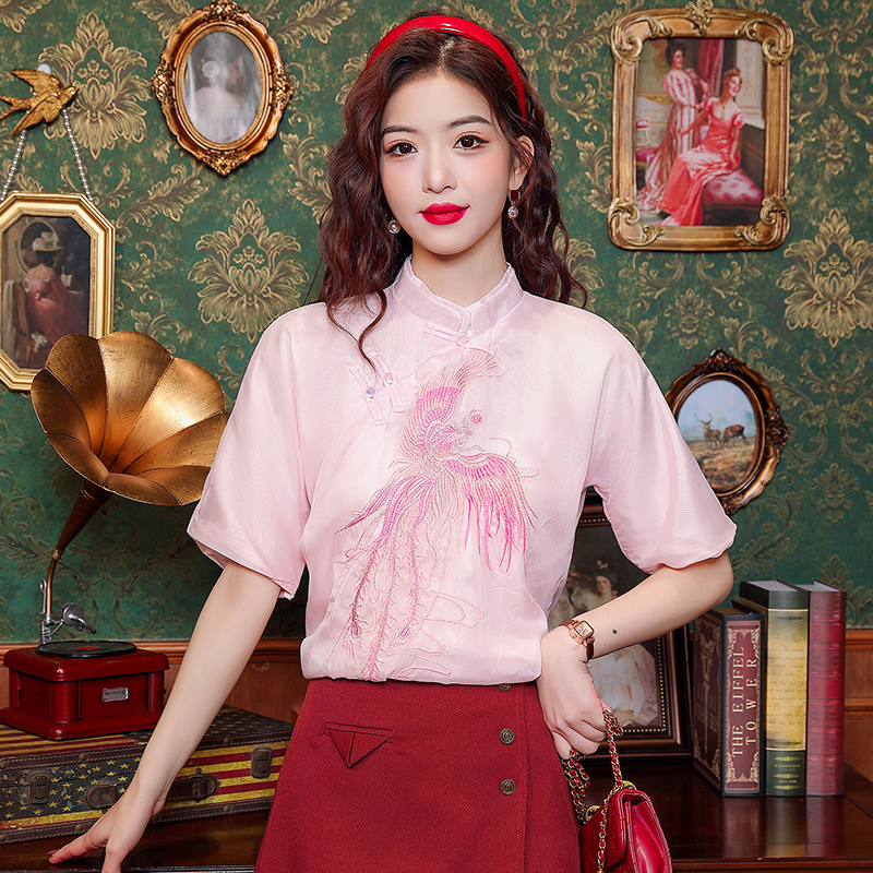 RY3940# 2026夏季新款有货民族风中袖落肩袖复古国潮雪纺标准