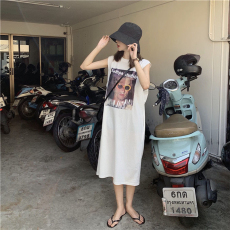 批发仿棉牛奶丝# 夏季新款无袖T恤个性开叉欧美印花慵懒风背心<b class='q'>连衣裙</b>