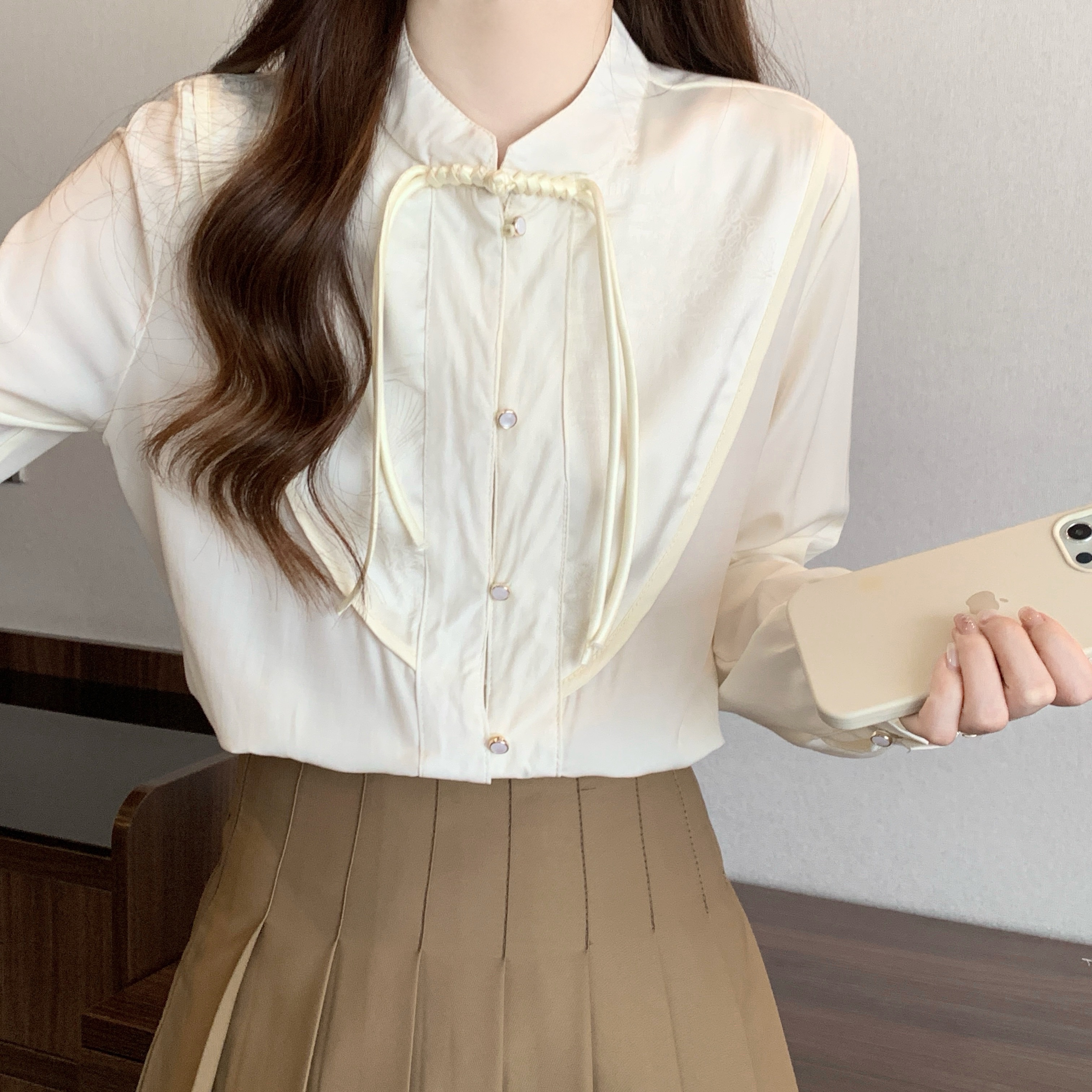 실사 빅 사이즈 봄 가을 품격 레트로 스탠드 칼라 단추 프린트 패치워크 오픈 가디건 단색 긴팔 쉬폰 여성 셔츠