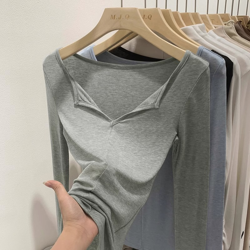 Official Photo# Threaded 92% rayon 8% spandex slim fit V-neck T-shirt long-sleeved base layer top