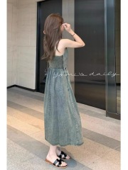 Yomi YOMI retro denim suspender dress for small women spring and summer new slim waist and temperament long skirt