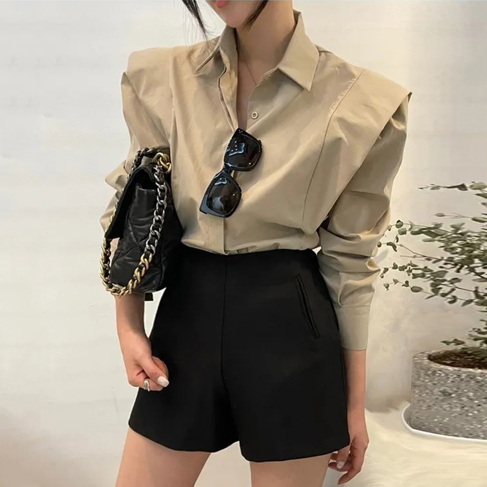 크기 있음 업데이트 레트로 미니멀리즘 폴로 칼라 어둠 버클 디자인 패치워크 프릴 루즈핏 긴팔 셔츠 맨위