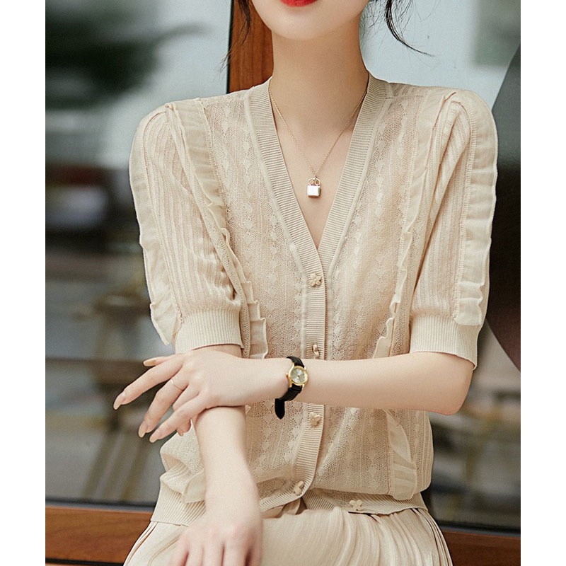 Threaded v-neck ice linen knitted cardigan top summer fashion hollow mesh fungus splicing ice silk short-sleeved shirt