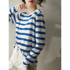 P age reduction B enter!  Classic French style silk linen contrast striped sweater T-shirt for women spring