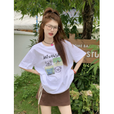 批发实拍<b class='q'>大码</b><b class='q'>女装</b>夏季现货<b class='q'>韩版</b>百搭圆领趣味小熊印花宽松白色短袖T恤