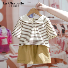 批发女童夏装套装韩版2026新款儿童娃娃领短袖洋气女孩夏款条纹两件套