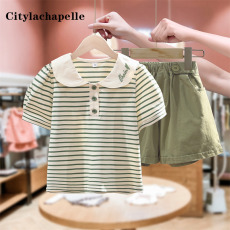 批发女童夏装套装韩版2026新款儿童娃娃领短袖洋气女孩夏款条纹两件套